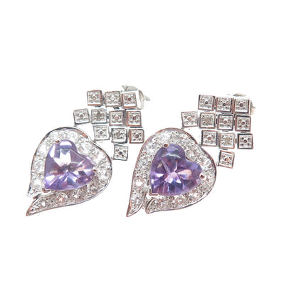 925 Sterling Silver Real Diamond Accent Amethyst & White Topaz Heart Earrings