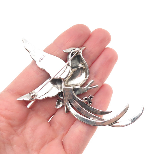 925 Sterling Vintage Real Ruby Spinel Amethyst Marcasite Bird of Paradise Brooch