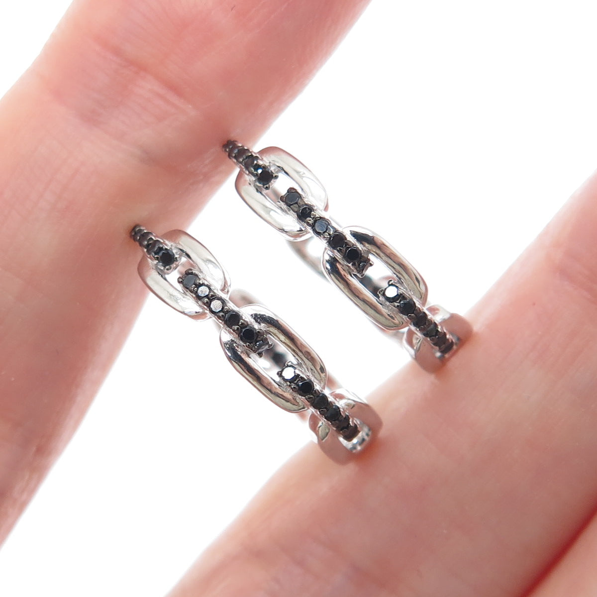 925 Sterling Silver Real Round-Cut Black Spinel Cable Link Hoop Earrings