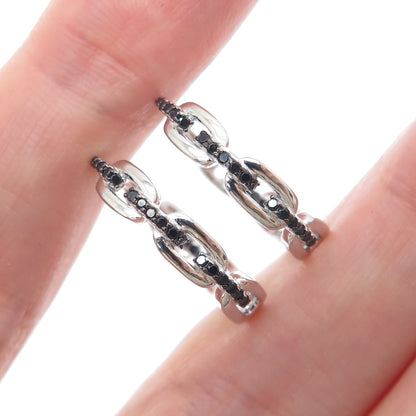 925 Sterling Silver Real Round-Cut Black Spinel Cable Link Hoop Earrings