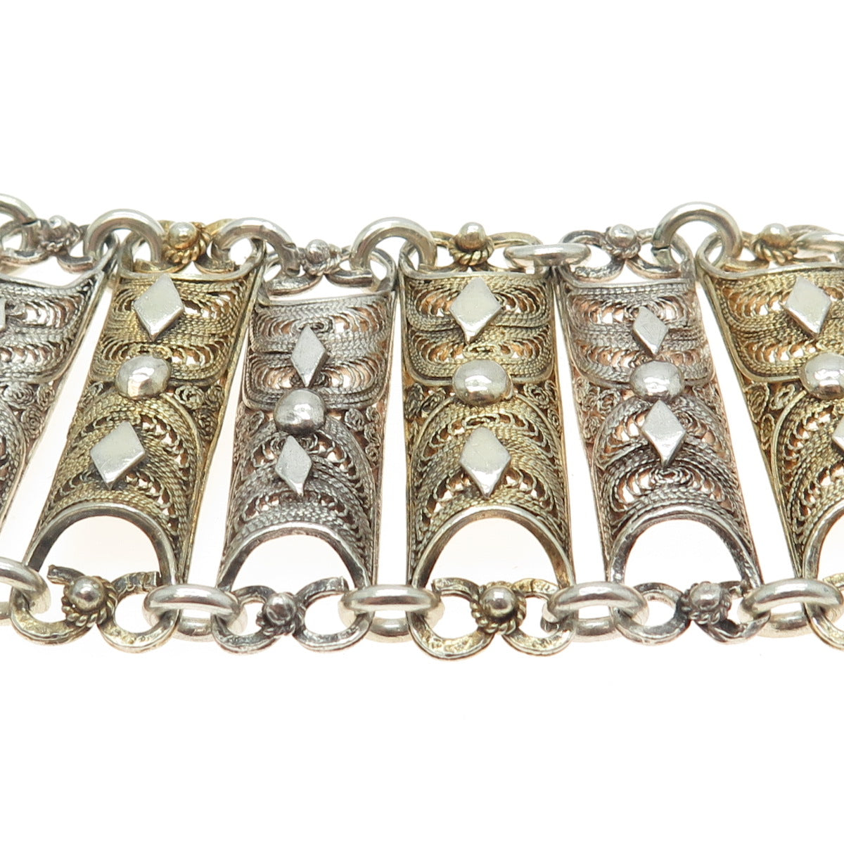 925 Sterling Silver 2-Tone Vintage Filigree Panel Solid 61.7g Wide Bracelet 7.5"