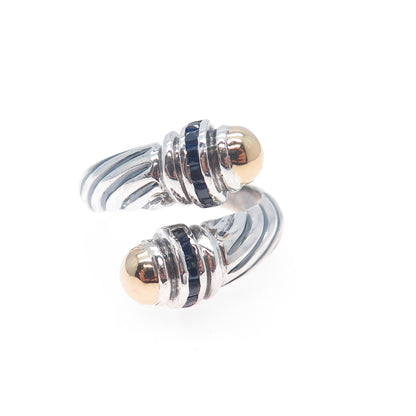 18K Gold 925 Sterling Silver Vintage Real Sapphire Adjustable Ring Size 6.5