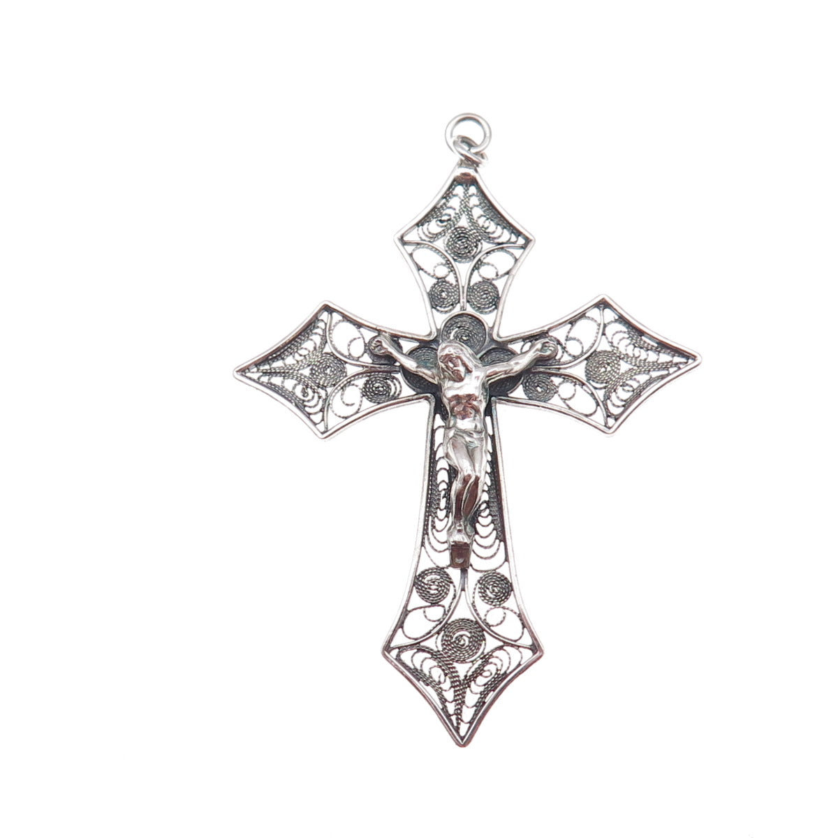 800 Silver Vintage Italy Crucifix Cross Filigree Oxidized Pendant