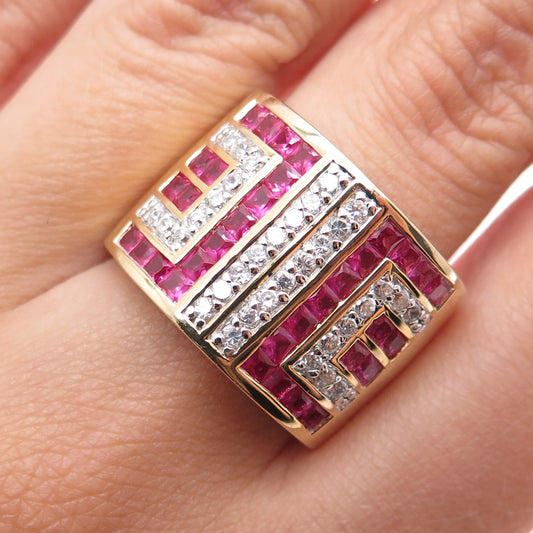 FADI 925 Sterling Silver Gold Plated Lab-Created Ruby & C Z Ring Size 8.25