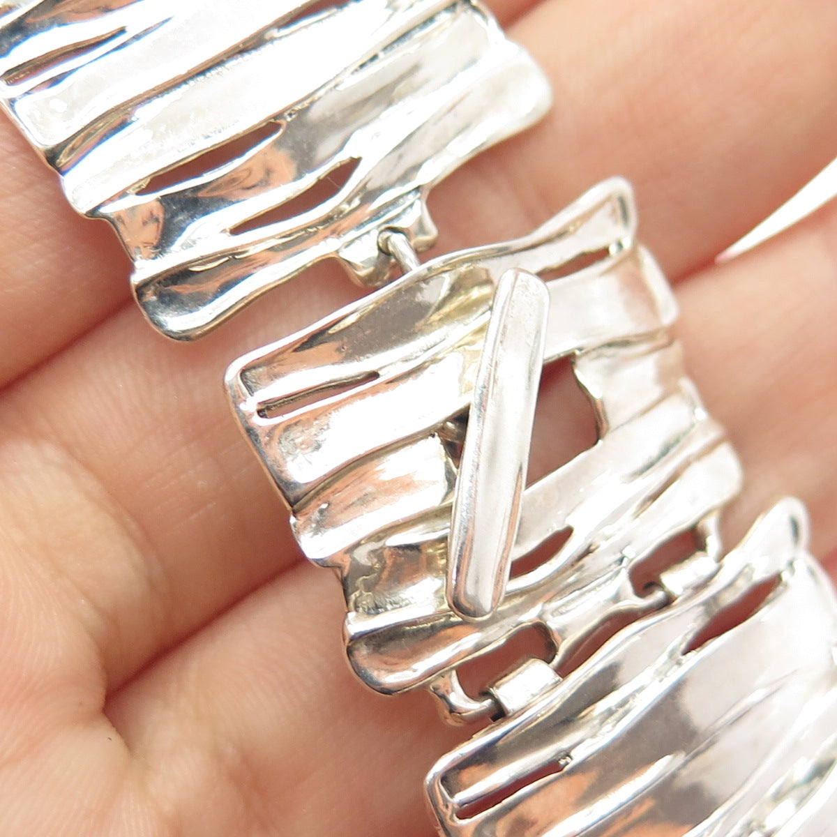 HAGIT GORALI Sterling Silver Vintage Israel Modernist Panel Link Bracelet 7.5"