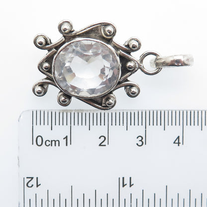 925 Sterling Silver Vintage Real Clear Quartz Beaded Oxidized Charm Pendant