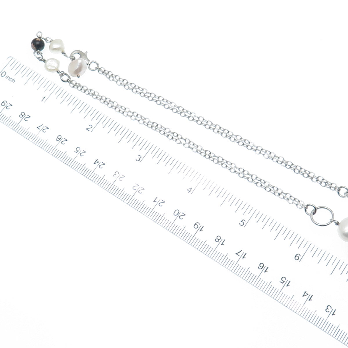 925 Sterling Silver Vintage Real Pearl Quartz & Rhodonite Tassel Necklace 16-18"