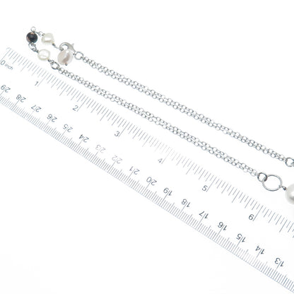 925 Sterling Silver Vintage Real Pearl Quartz & Rhodonite Tassel Necklace 16-18"