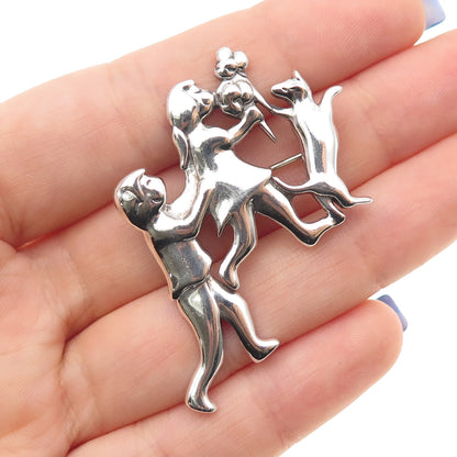 925 Sterling Silver Vintage Children & Dog Oxidized Pin Brooch