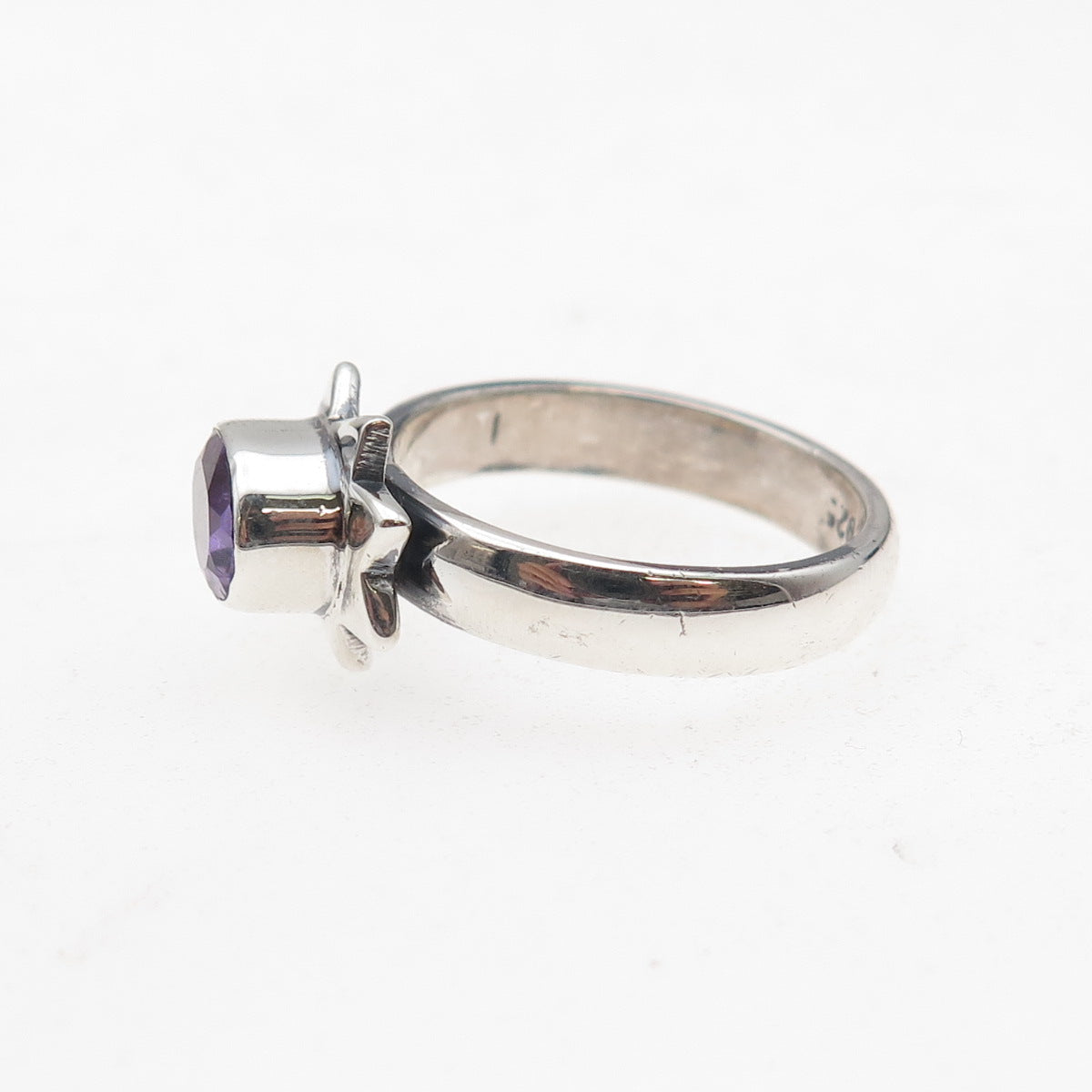 925 Sterling Silver Vintage Real Amethyst Modernist Sun Oxidized Ring Size 7.75