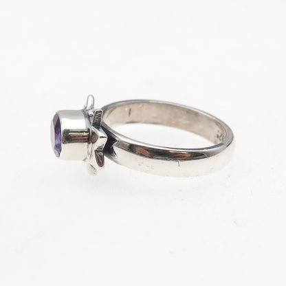 925 Sterling Silver Vintage Real Amethyst Modernist Sun Oxidized Ring Size 7.75