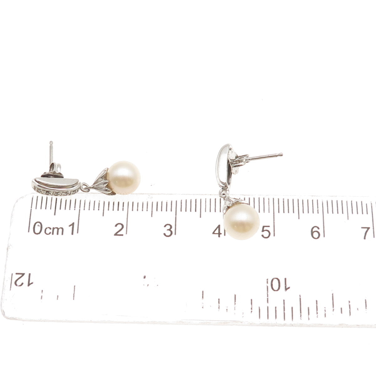 925 Sterling Silver Real Round-Cut Diamond & Pearl Dangle Earrings