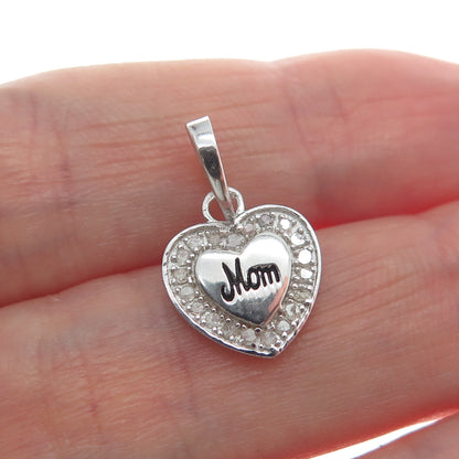 925 Sterling Silver Real Round-Cut Diamond Mom Heart Minimalist Charm Pendant