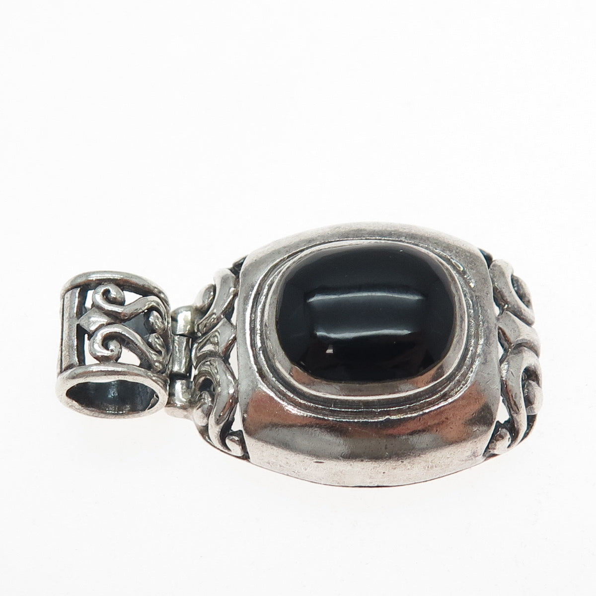 925 Sterling Silver Vintage Real Black Onyx Ornate Oxidized Charm Pendant