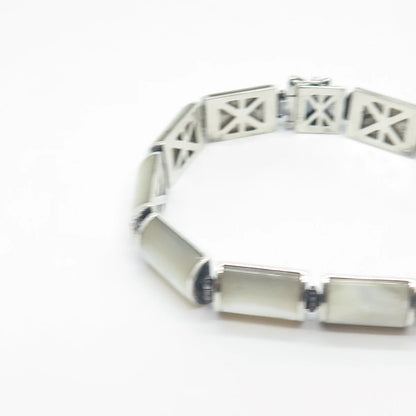 925 Sterling Silver Vintage Real Mother-of-Pearl Barrel Link Bracelet 7"