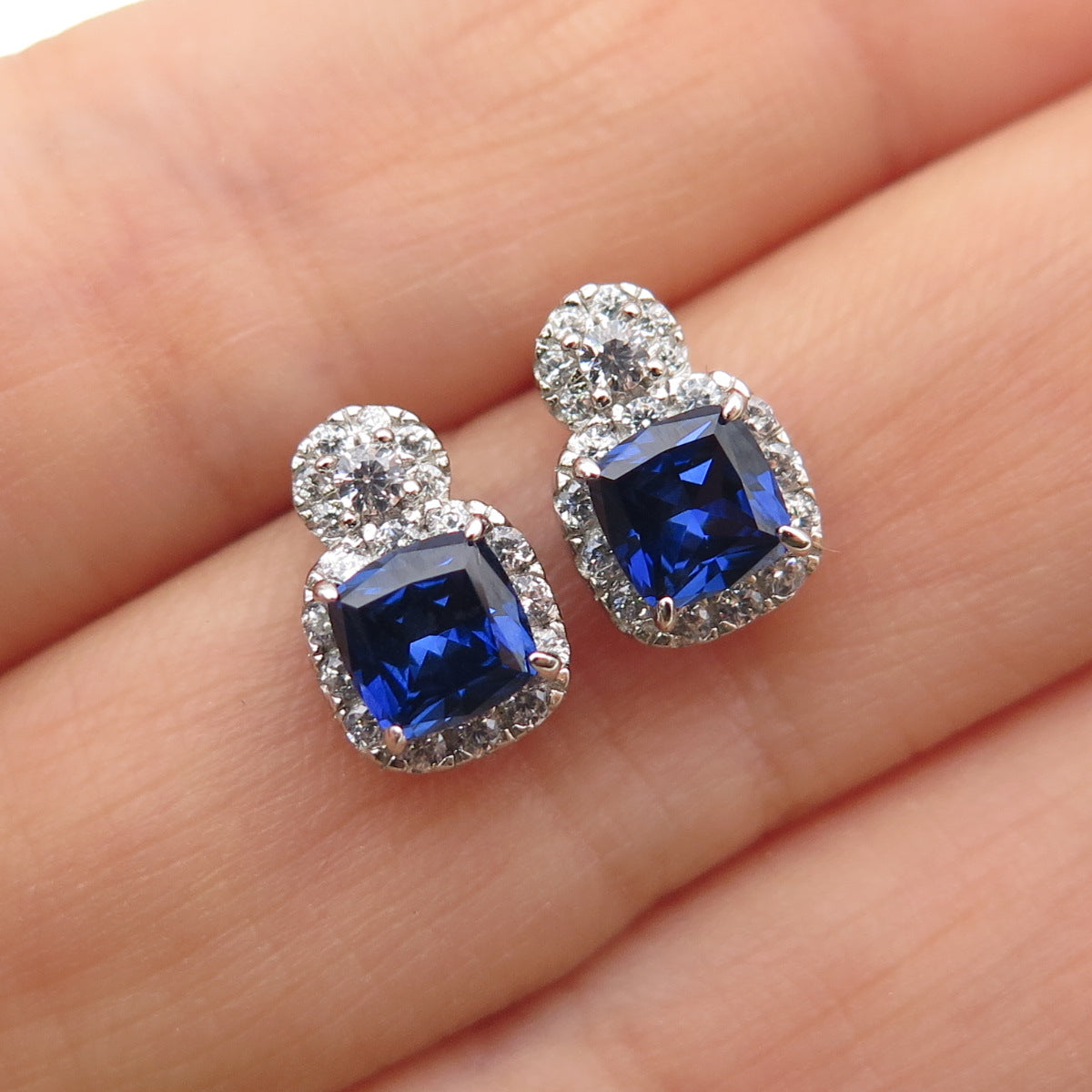 925 Sterling Silver Cushion-Cut Blue & Round-Cut White C Z Stud Earrings