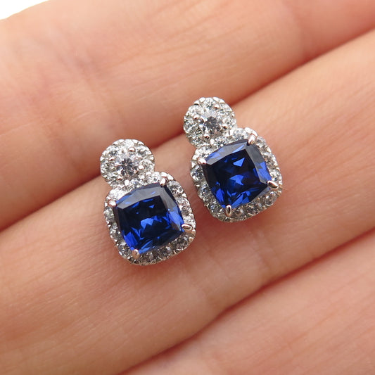 925 Sterling Silver Cushion-Cut Blue & Round-Cut White C Z Stud Earrings
