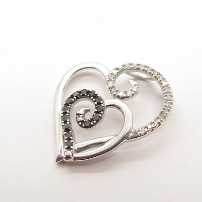 DIAG 925 Sterling Silver Real Round-Cut Black & White Diamond Heart Pendant