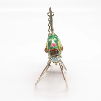 925 Sterling Silver Enamel Antique Articulated Chinese Koi Fish Chatelaine Fob