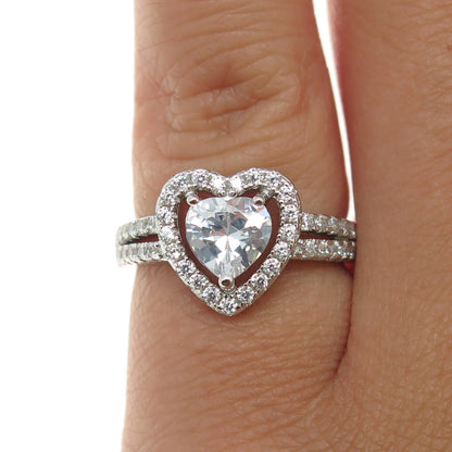 925 Sterling Silver Heart & Round-Cut C Z Promise Ring Size 5