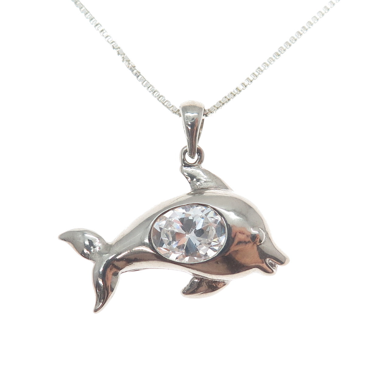 925 Sterling Silver Oval-Cut C Z Dolphin Box Chain Necklace 18"