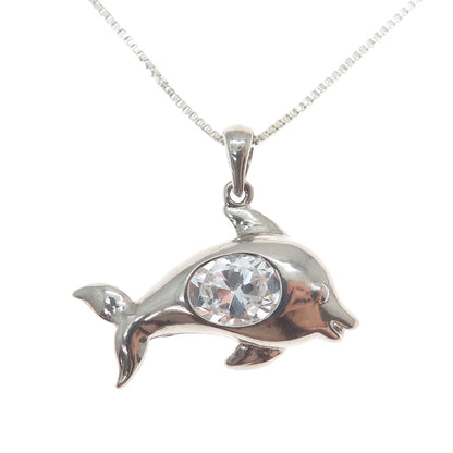 925 Sterling Silver Oval-Cut C Z Dolphin Box Chain Necklace 18"
