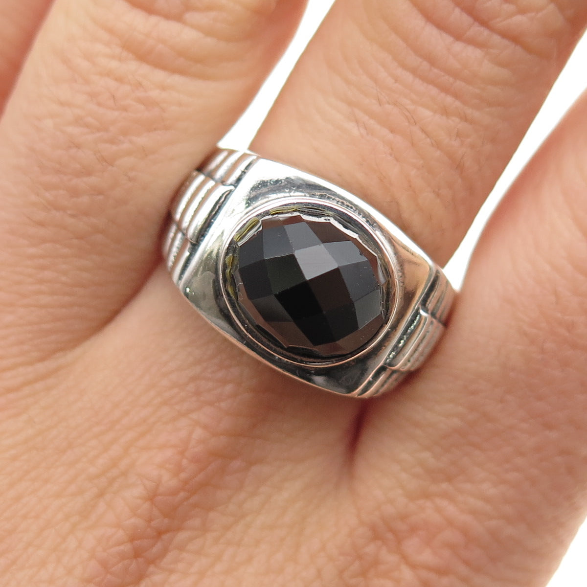 925 Sterling Silver Vintage Real Black Onyx Oxidized Ring Size 10.75