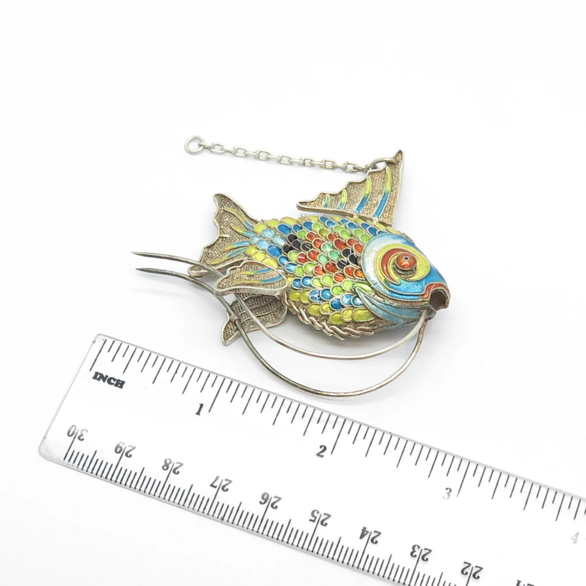 925 Sterling Silver Antique Enamel Chinese Fish Articulated Chatelaine Fob