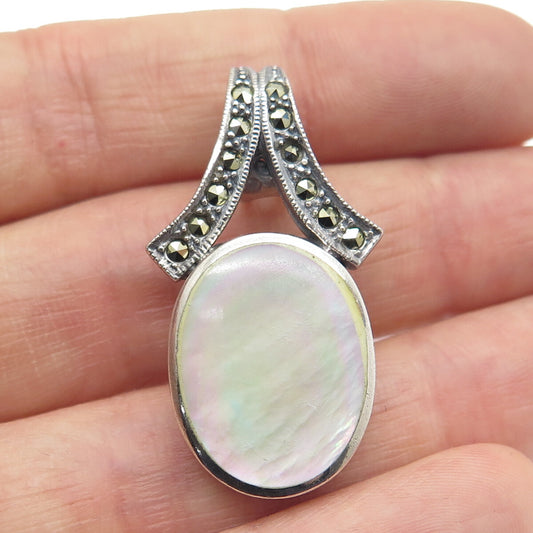 925 Sterling Silver Vintage Real Mother-of-Pearl & Marcasite Oxidized Pendant