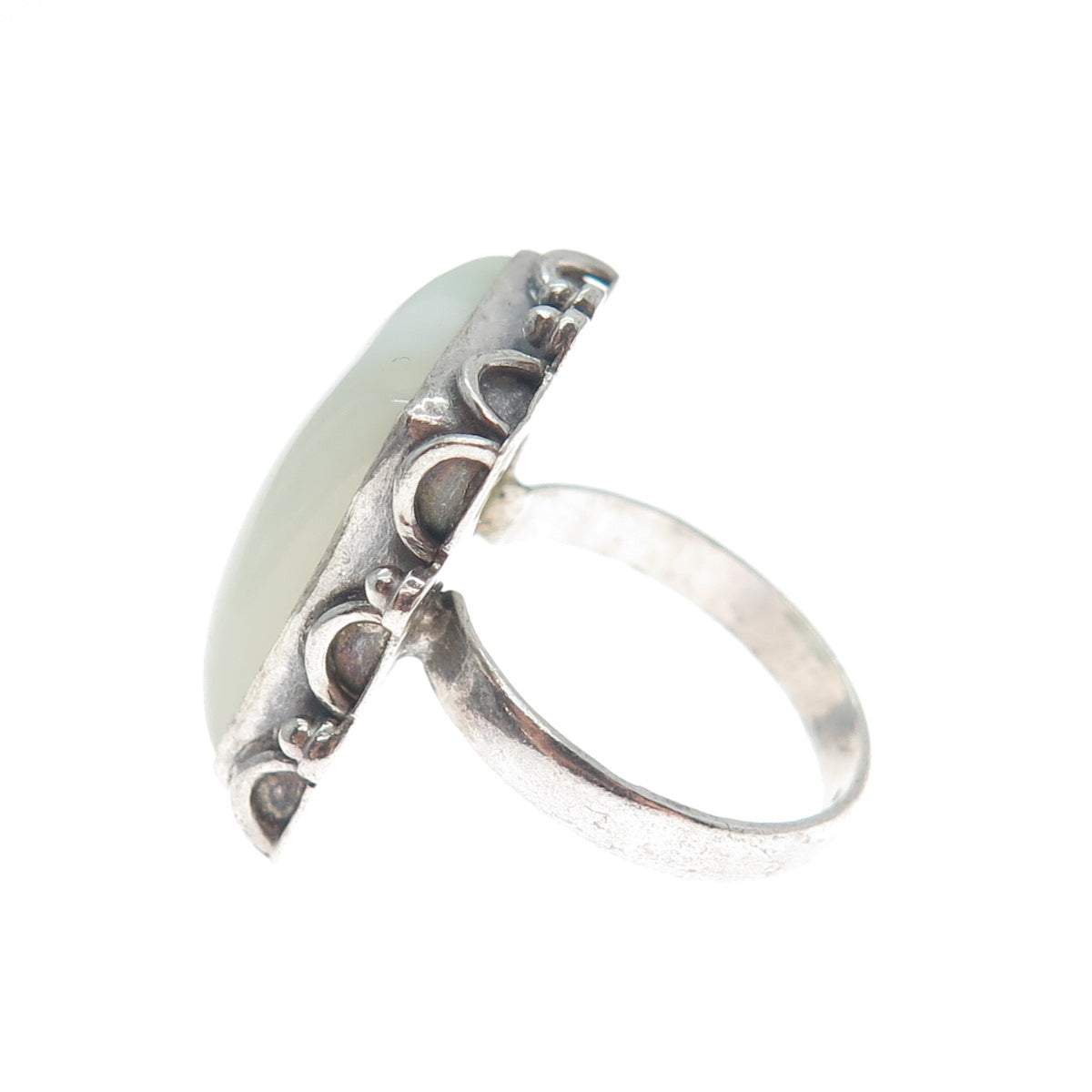 925 Sterling Silver Vintage Real White Agate Gem Oxidized Ring Size 7.75