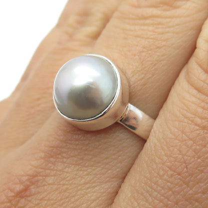 925 Sterling Silver Vintage Real Pearl Modernist Ring Size 8.5