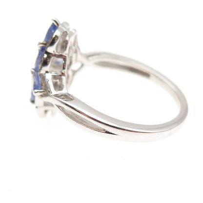 925 Sterling Silver Real Round-Cut Diamond & Marquise-Cut Tanzanite Ring Size 8