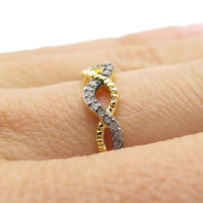 925 Sterling Silver Gold Plated Real Round-Cut Diamond Woven Ring Size 7
