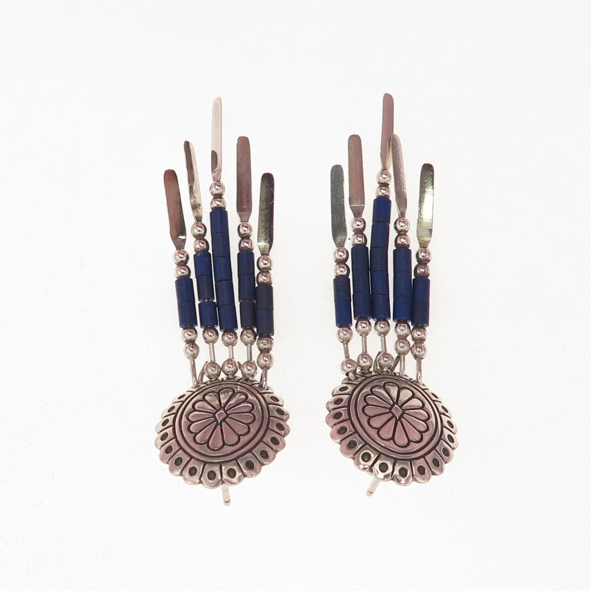 Quoc Turquoise Old Pawn 925 Sterling Silver Vintage Lapis Concho Dangle Earrings