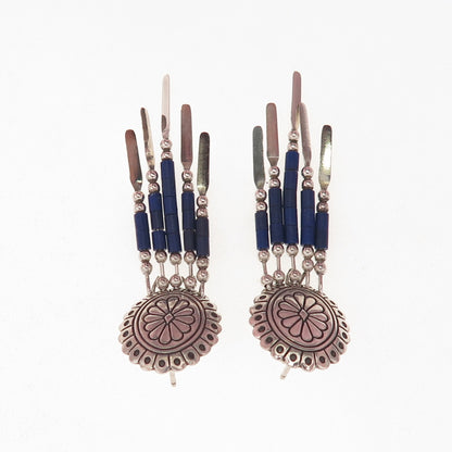 Quoc Turquoise Old Pawn 925 Sterling Silver Vintage Lapis Concho Dangle Earrings