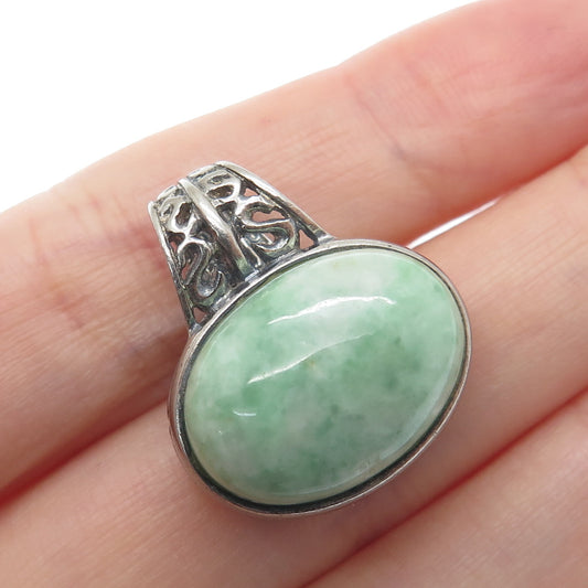 925 Sterling Silver Vintage Real Jade Ornate Oxidized Minimalist Charm Pendant