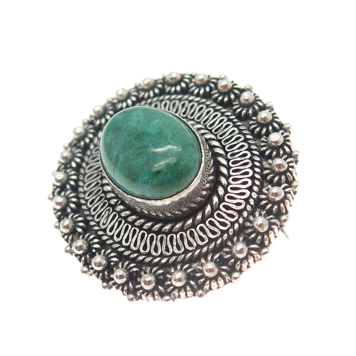 925 Sterling Silver Vintage Real Jade Gemstone Ethnic Pin Brooch / Pendant
