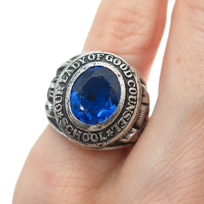 925 Sterling Vintage 1974 Blue C Z Our Lady of Good Counsel School Ring Size 4.5