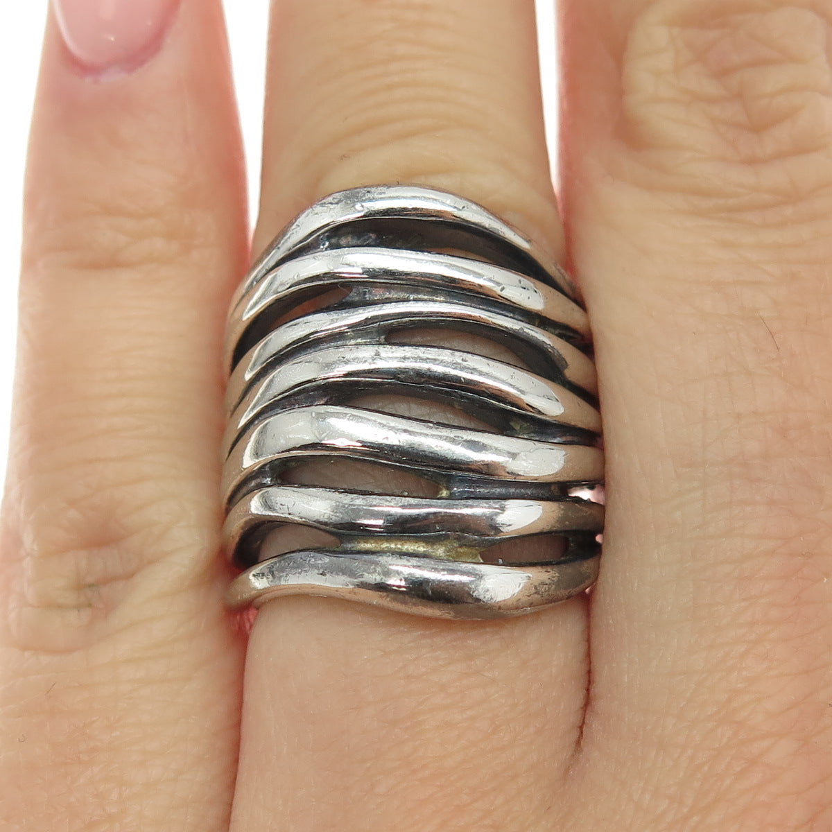 925 Sterling Silver Vintage Multi-Row Modernist Oxidized Ring Size 6