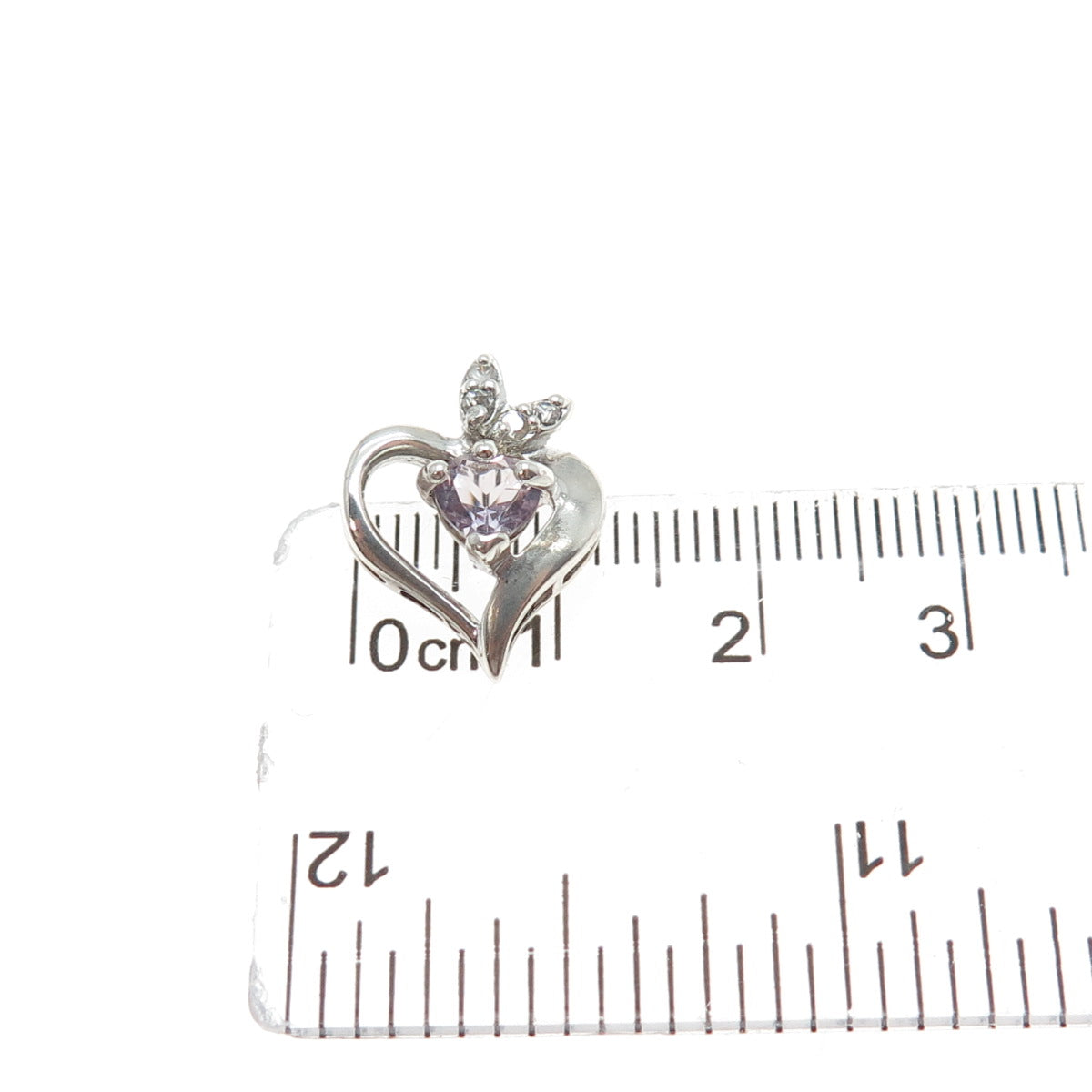 925 Sterling Silver Vintage Real Amethyst & C Z Heart Minimalist Slide Pendant