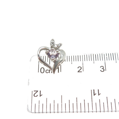 925 Sterling Silver Vintage Real Amethyst & C Z Heart Minimalist Slide Pendant