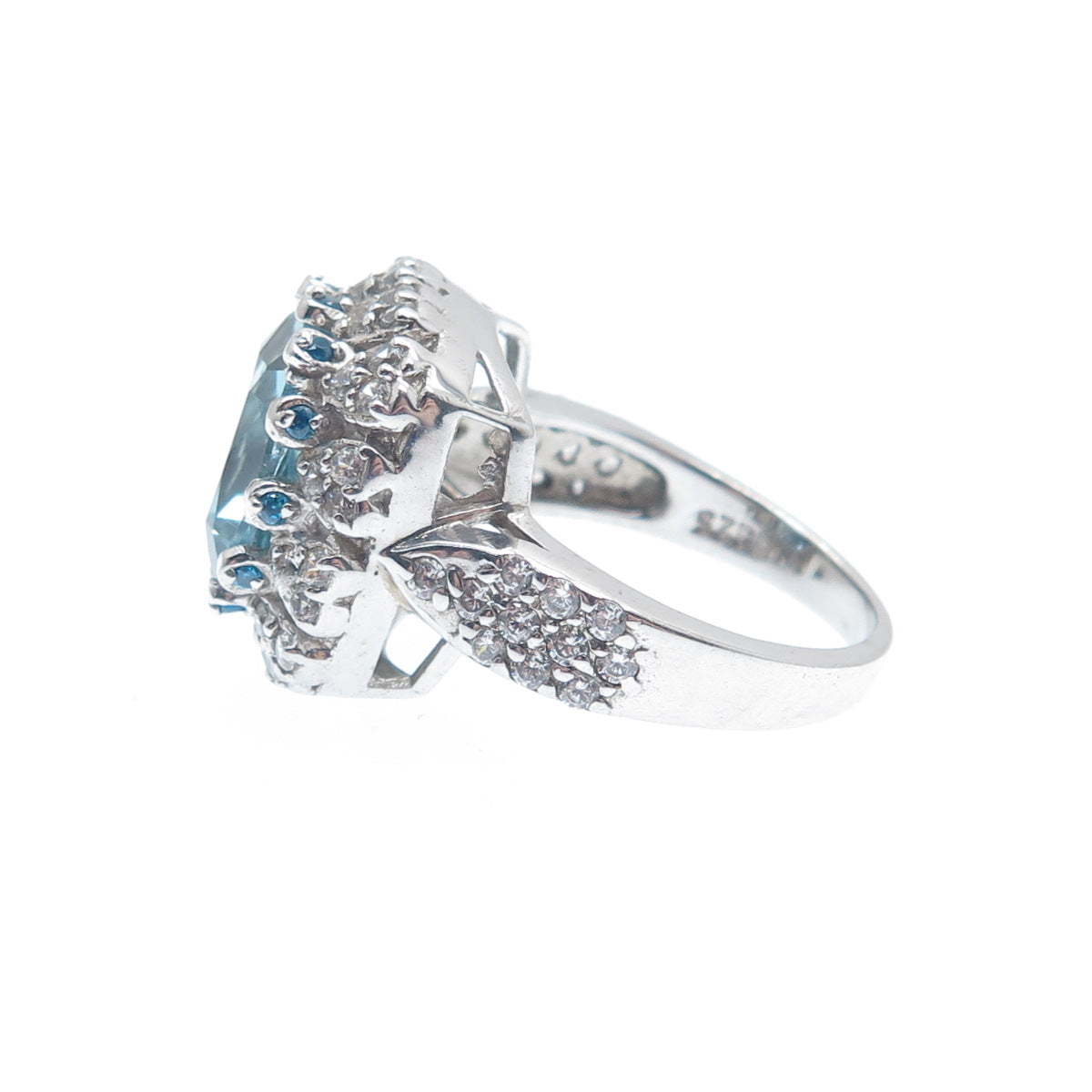 925 Sterling Silver Real Cushion-Cut Blue Topaz Gem & C Z Ring Size 6.75