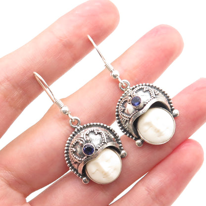 925 Sterling Silver Vintage Real White Onyx & Iolite Moon Face Dangle Earrings