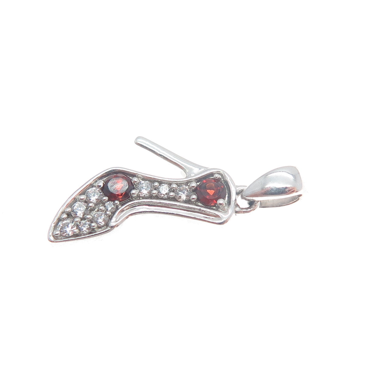 925 Sterling Silver Real Round-Cut Red Garnet & C Z High Heel Shoe Mini Pendant