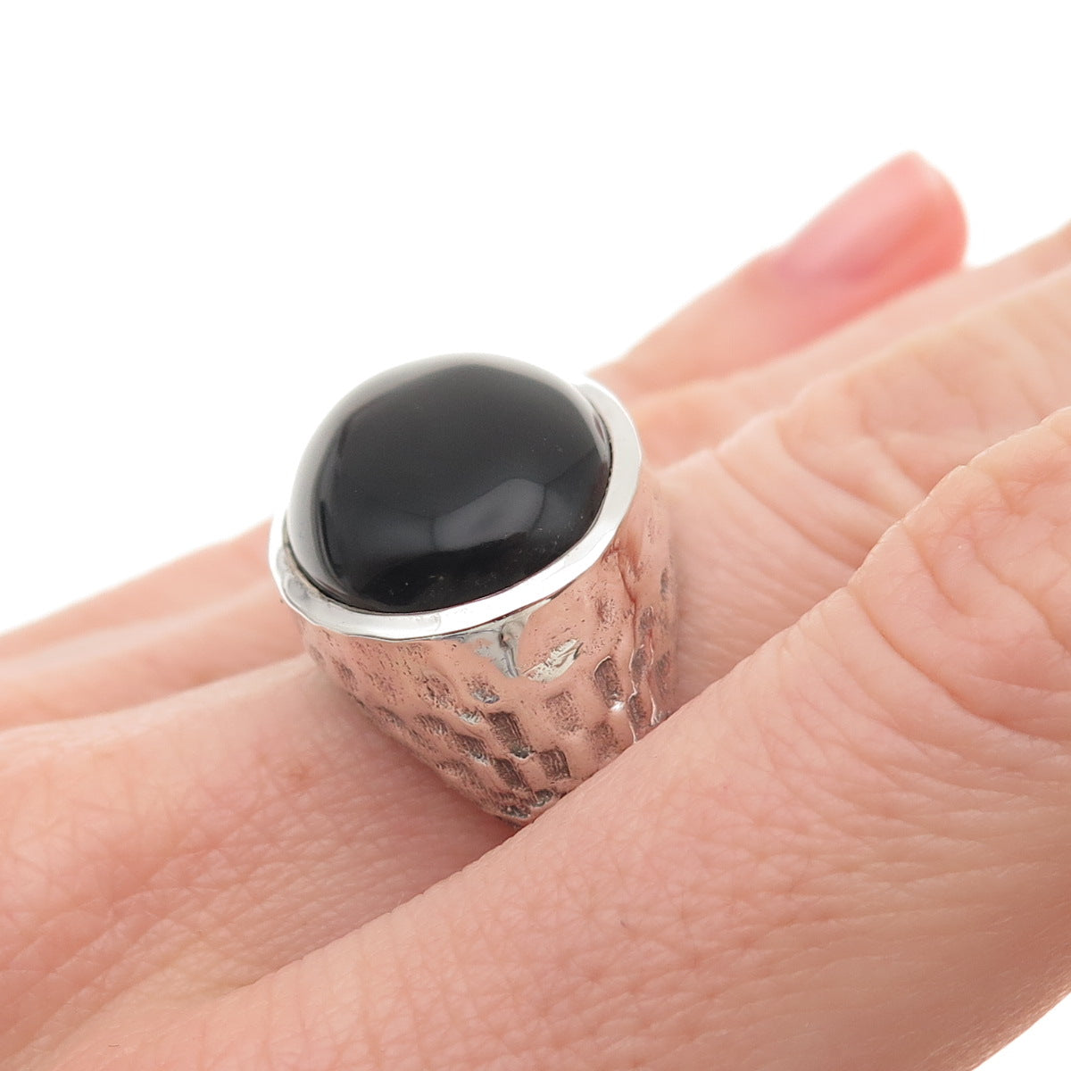 925 Sterling Silver Vintage Real Black Onyx Modernist Oxidized Ring Size 6