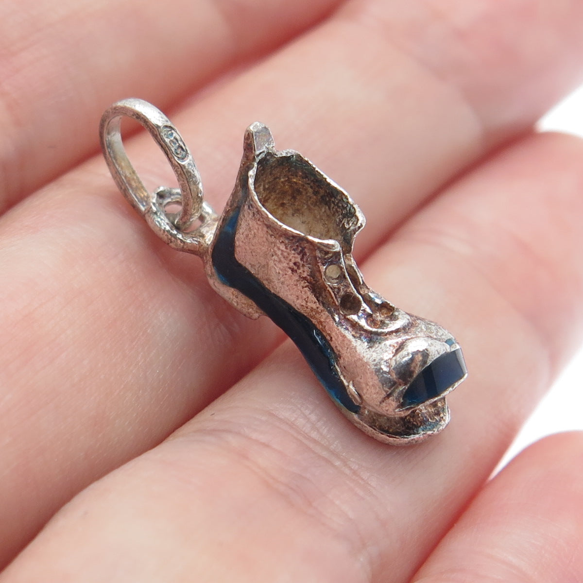 925 Sterling Silver Vintage Blue Enamel Torn Boot Mini Charm Pendant