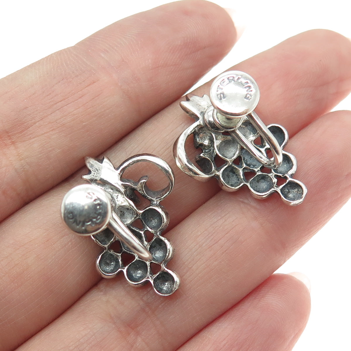 925 Sterling Silver Antique Art Deco Bunch of Grapes Screw Back Earrings