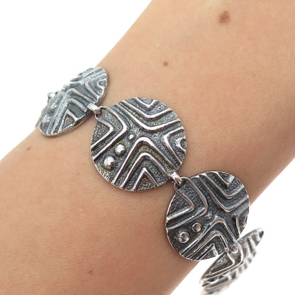 925 Sterling Silver Vintage Modernist Disc Link Oxidized Bracelet 8.25"