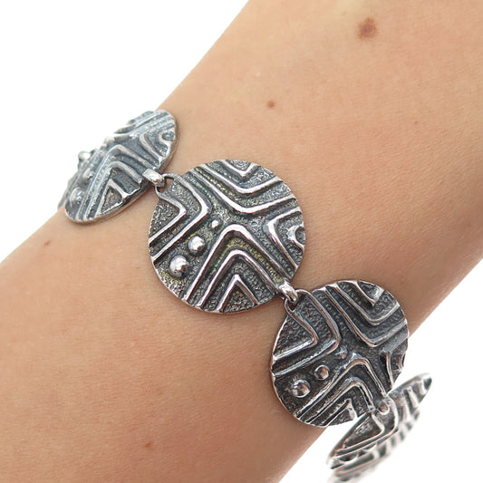925 Sterling Silver Vintage Modernist Disc Link Oxidized Bracelet 8.25"