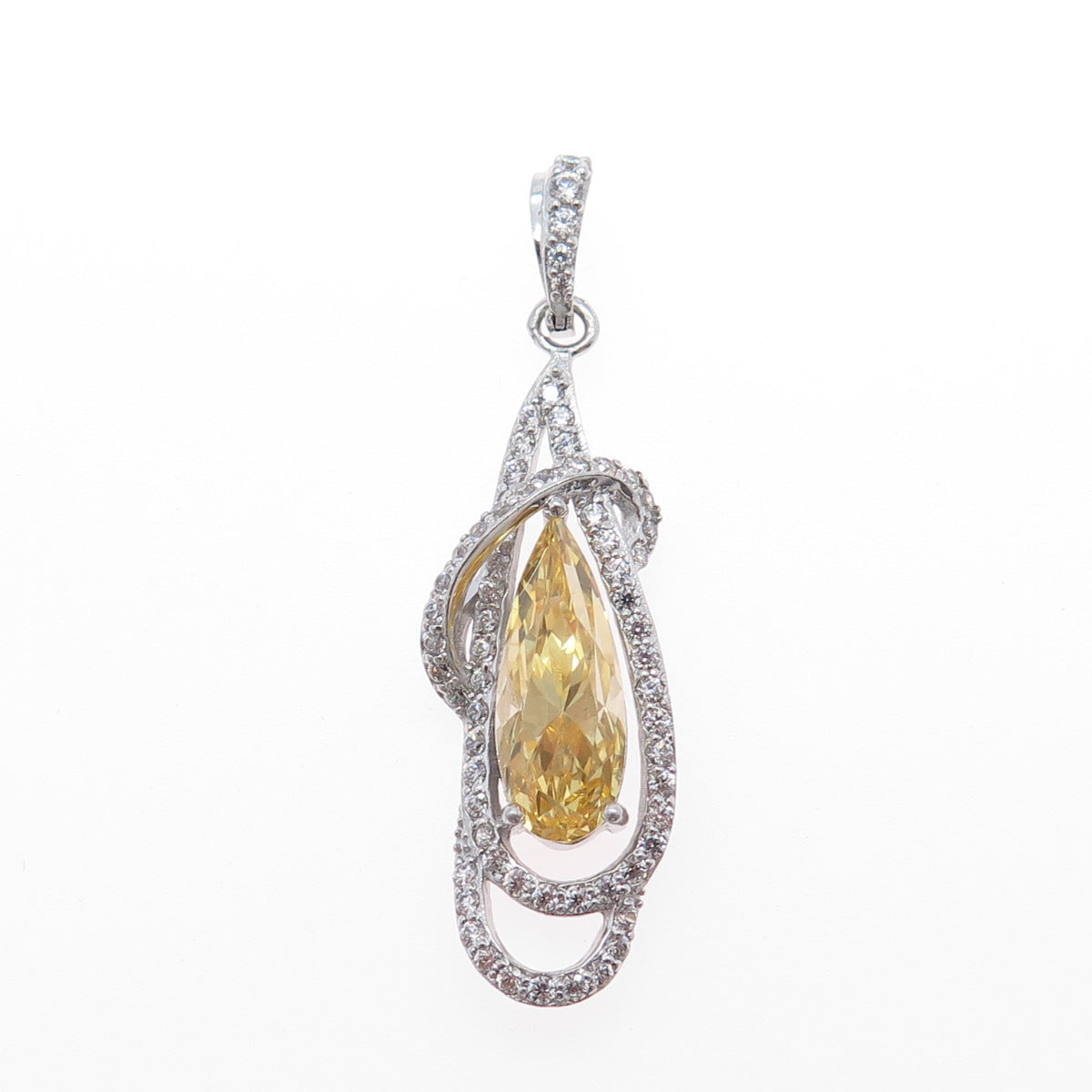 925 Sterling Silver Pear-Cut Canary & Round-Cut White C Z Twisted Charm Pendant